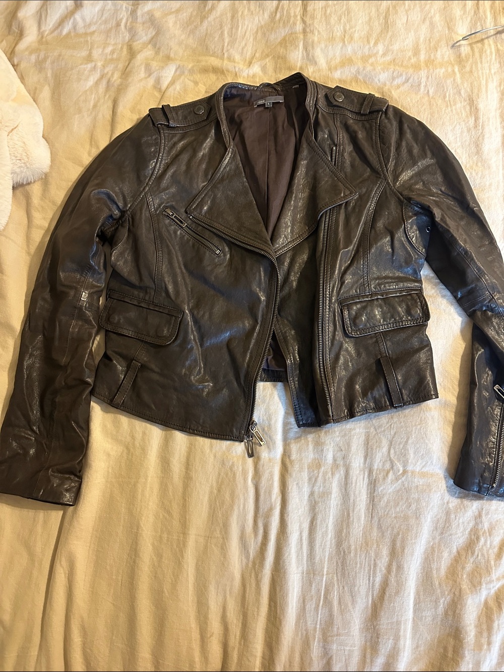 Vince Brown Leather Moto Jacket with Zip Details